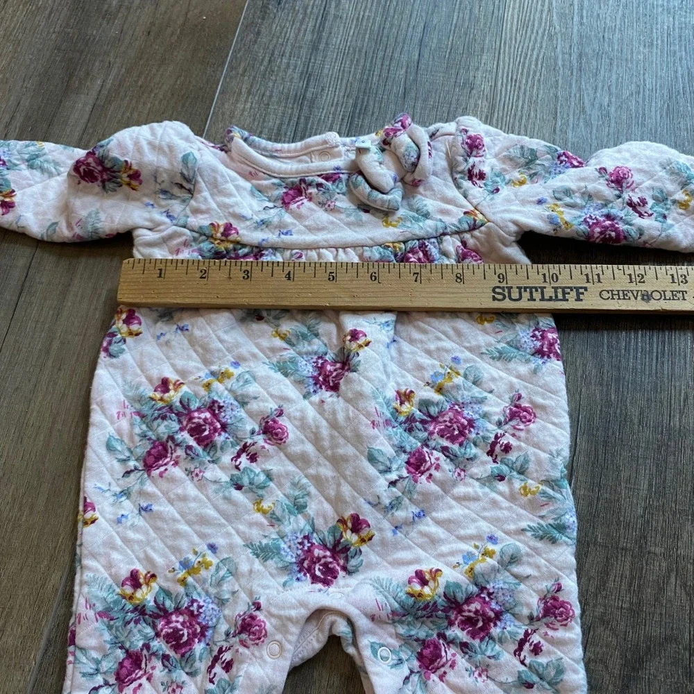Janie and Jack Pink Floral Quilted Romper‎ One-Piece 3-6 Months Long Sleeve Bow